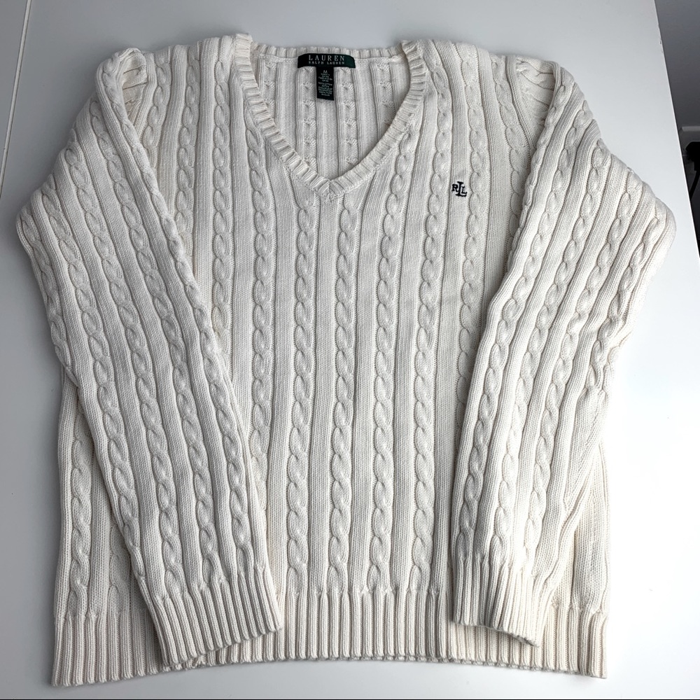 Ralph Lauren Cable Knit Sweater Cream V-neck Women’s Size Medium